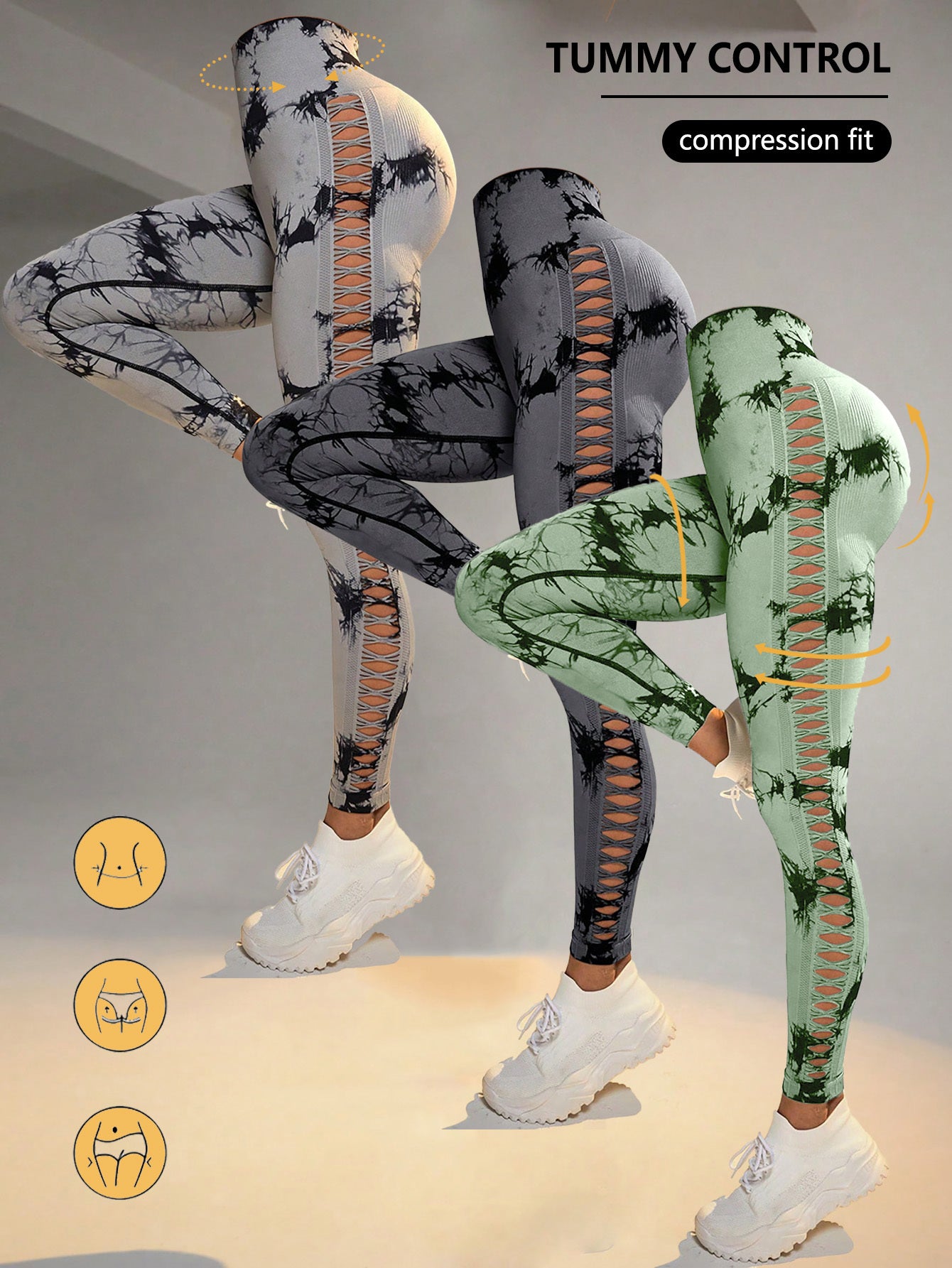 3 Pack Tie-Dye Cutout Yoga Pants