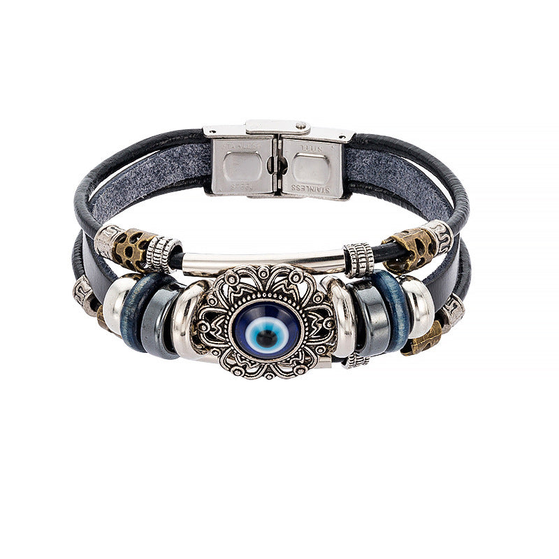 Braided leather cord brown evil eye bracelet