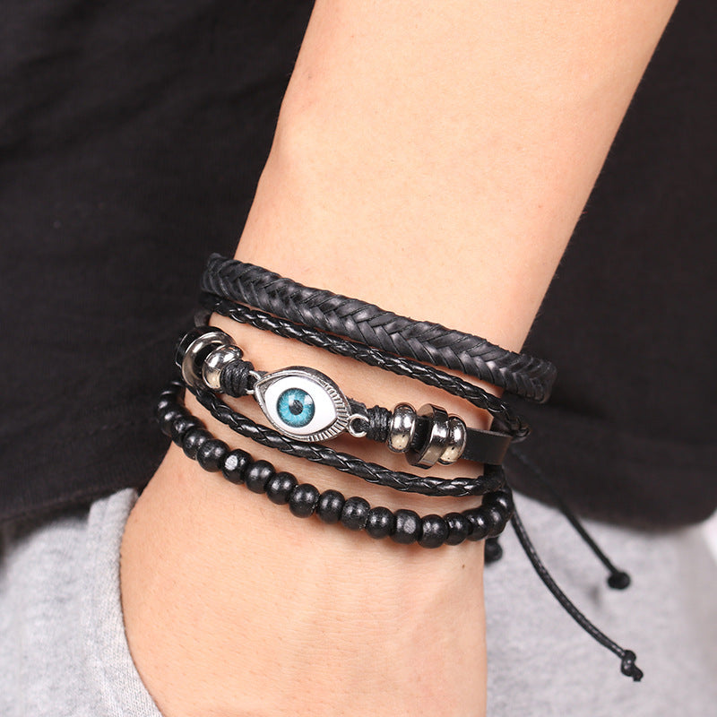 Braided leather cord brown evil eye bracelet