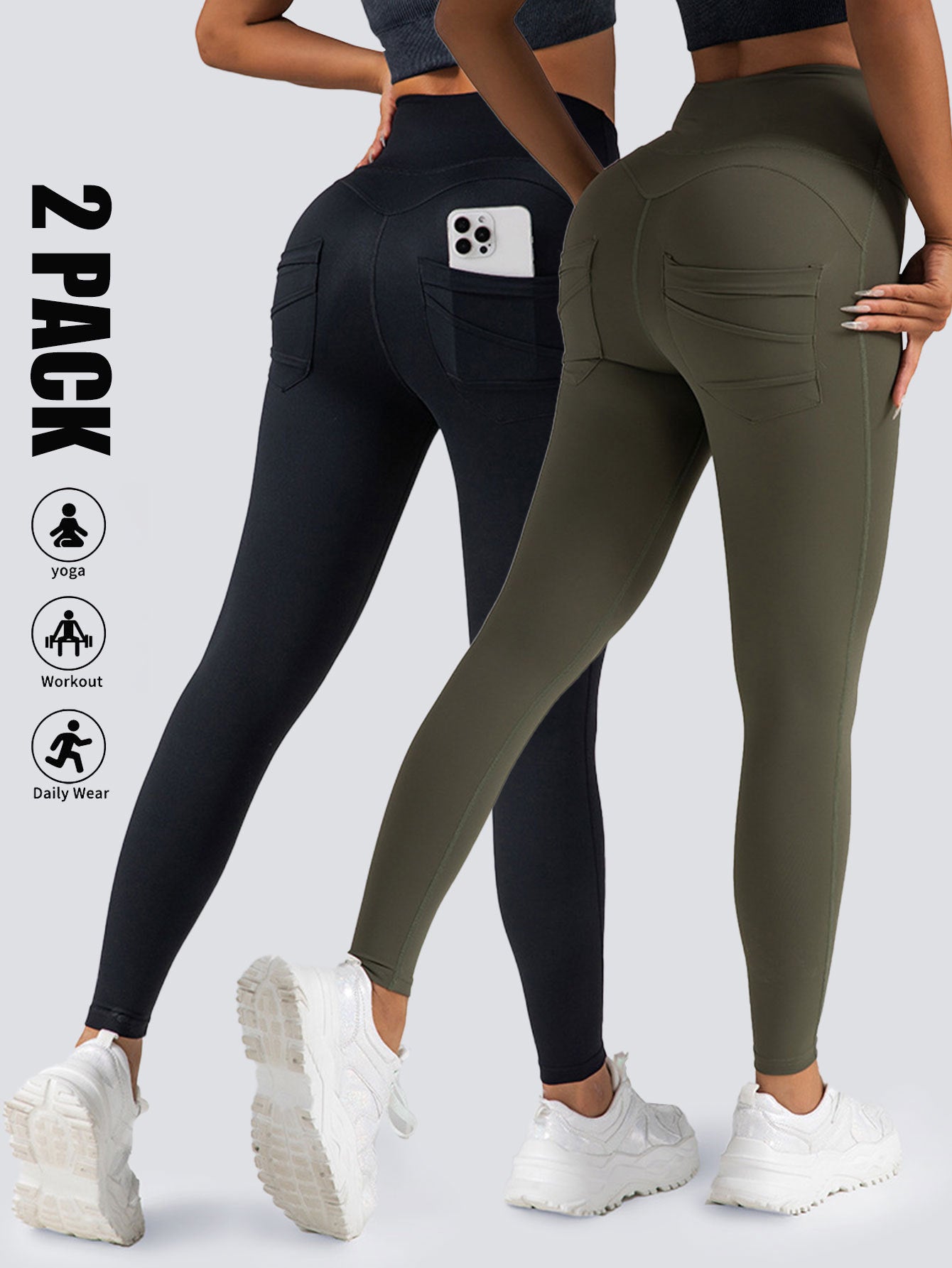 2 Pack High Waist Yoga Pants With Pockets