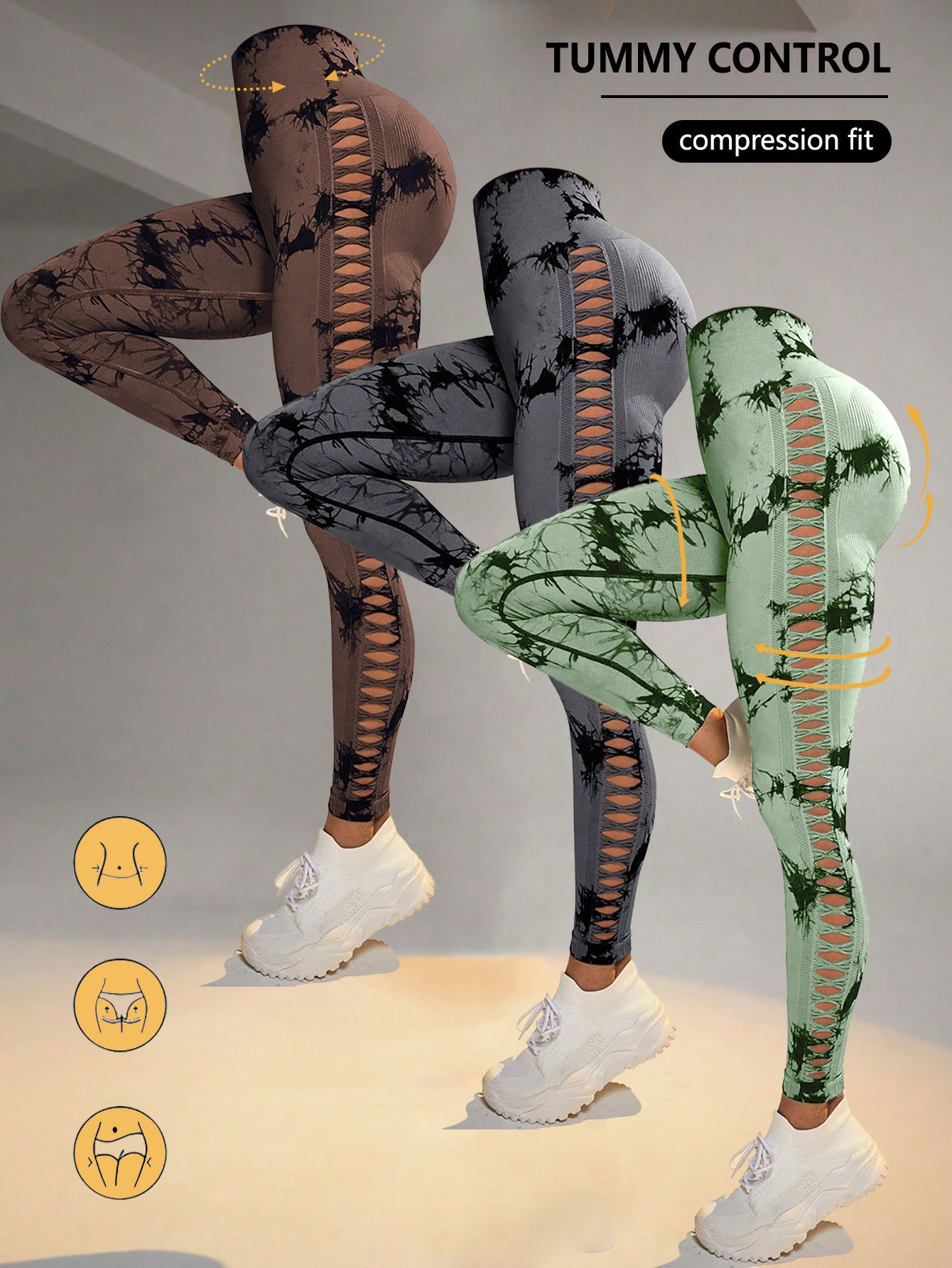 3 Pack Tie-Dye Cutout Yoga Pants