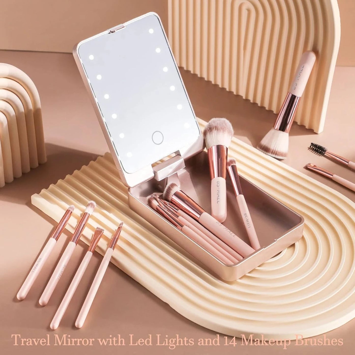 BS-Mall 14 pcs. Makeup Brush Set with Mini LED Light Mirror