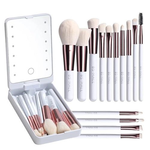 BS-Mall 14 pcs. Makeup Brush Set with Mini LED Light Mirror