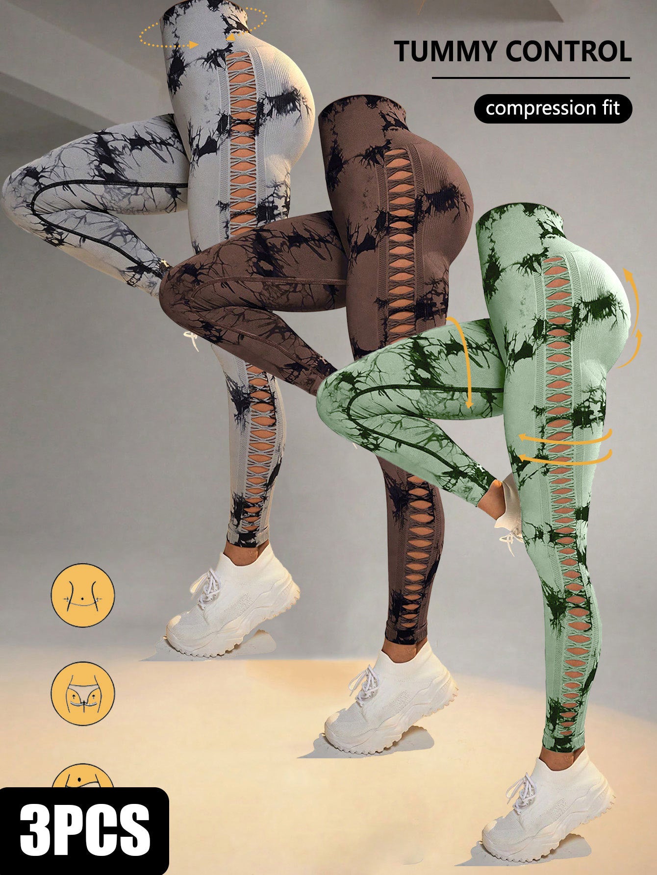 3 Pack Tie-Dye Cutout Yoga Pants